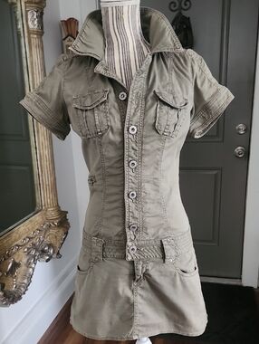 Guess Olive Green Short-Sleeve Utility Dress